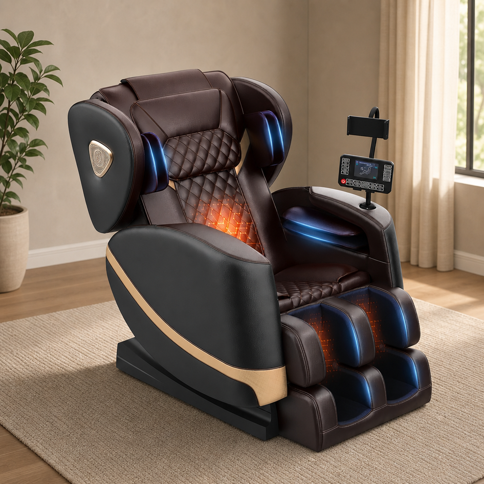 Zero-Gravity Full-Body Massage Chair — 14 Shiatsu Rollers, Heated, Bluetooth centered in a warm neutral furnished room