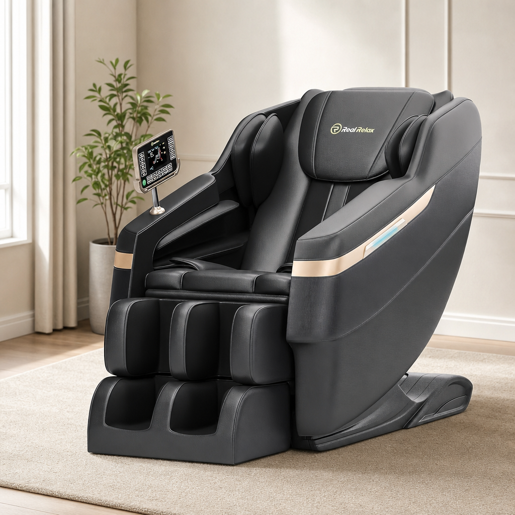 BS-02 Full-Body Massage Chair — Zero Gravity, Waist & Calf Heat, Bluetooth centered in a warm neutral furnished room