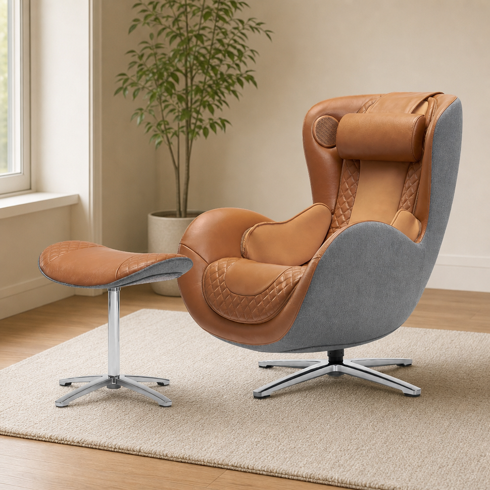 Massage Chair with Ottoman — Genuine Leather, Bluetooth, 4-Roller Full-Body Massag centered in a warm neutral furnished room