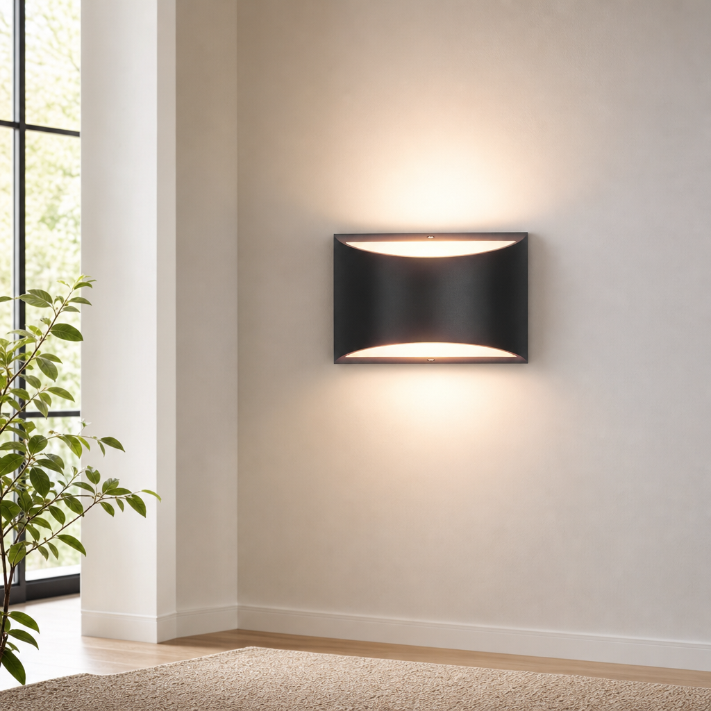 LED Up/Down Wall Sconce, Hardwired, Black, 3000K, G9 Bulb Included centered in a warm neutral furnished room