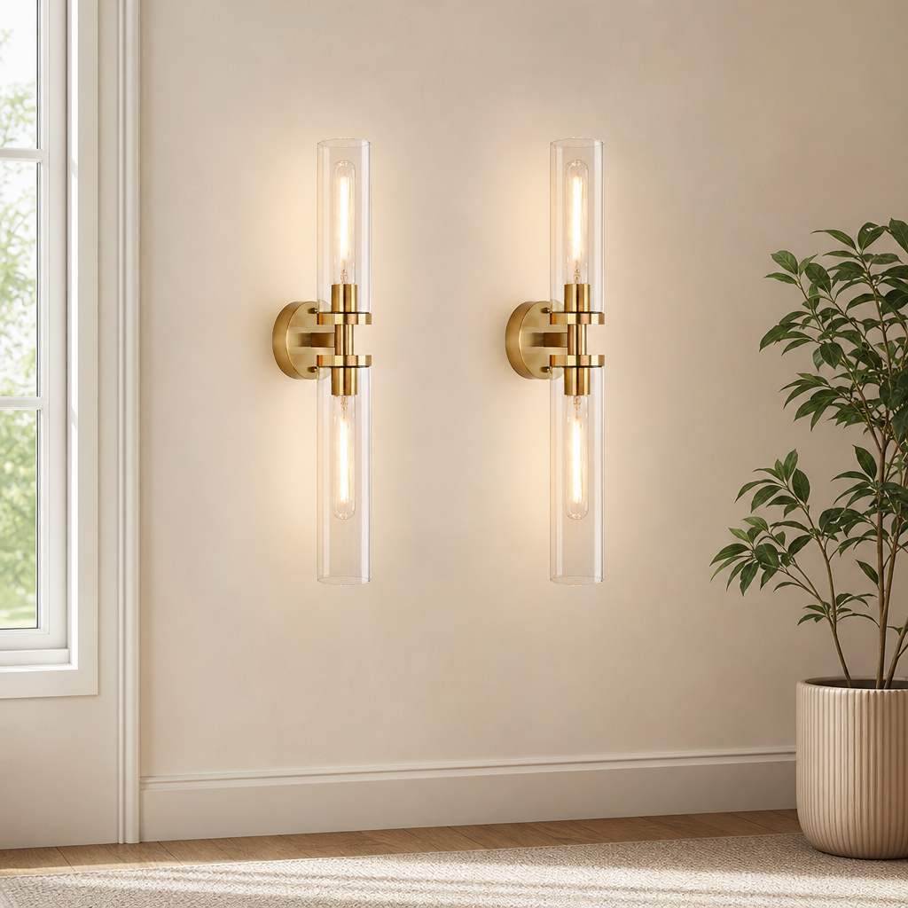 22 in. Metal & Glass Wall Sconces, Hardwired 1- or 2-Piece or Battery 2-Piece centered in a warm neutral furnished room