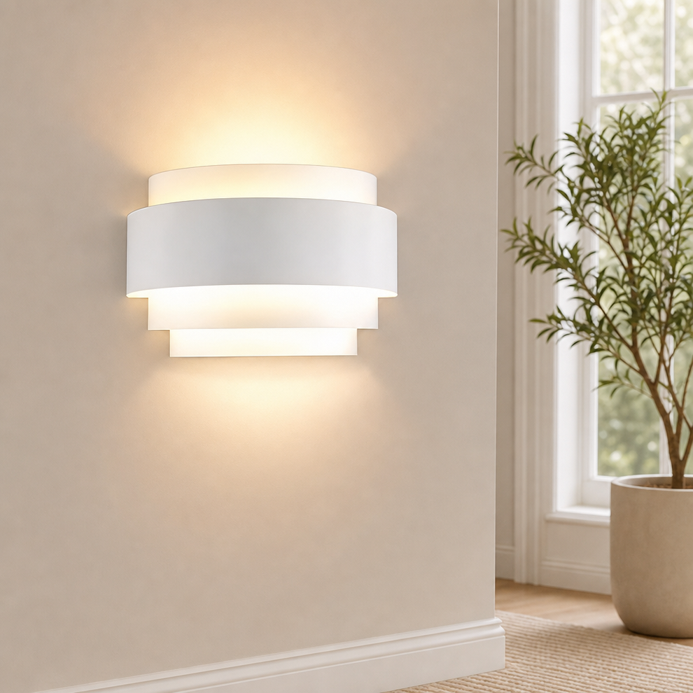 Half-Moon Metal Wall Sconce, 1-Light E26/E27, Painted Finish centered in a warm neutral furnished room