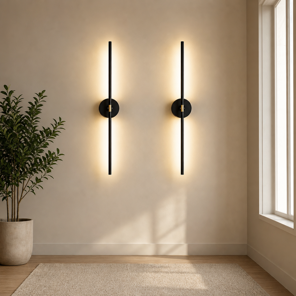 Cordless Wall Sconce Set of 2 — 31.5 in, 10000mAh Detachable Battery, Touch & Remo centered in a warm neutral furnished room