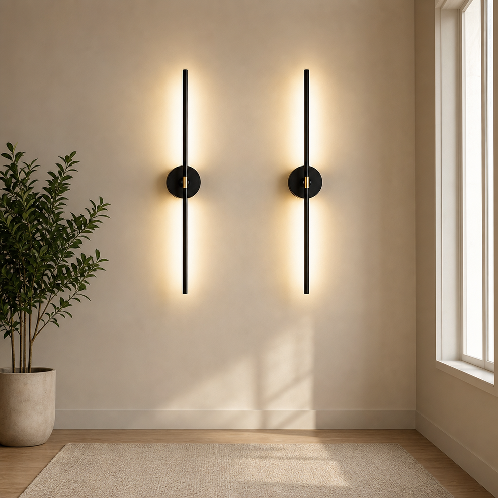 Cordless Wall Sconce Set of 2 — 31.5 in, 10000mAh Detachable Battery, Touch & Remo centered in a warm neutral furnished room