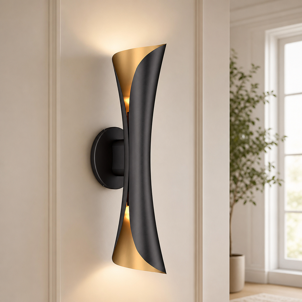 Mid-Century Aluminum Up/Down Wall Sconce, Two-Tone, 15.7" H, Dimmable centered in a warm neutral furnished room