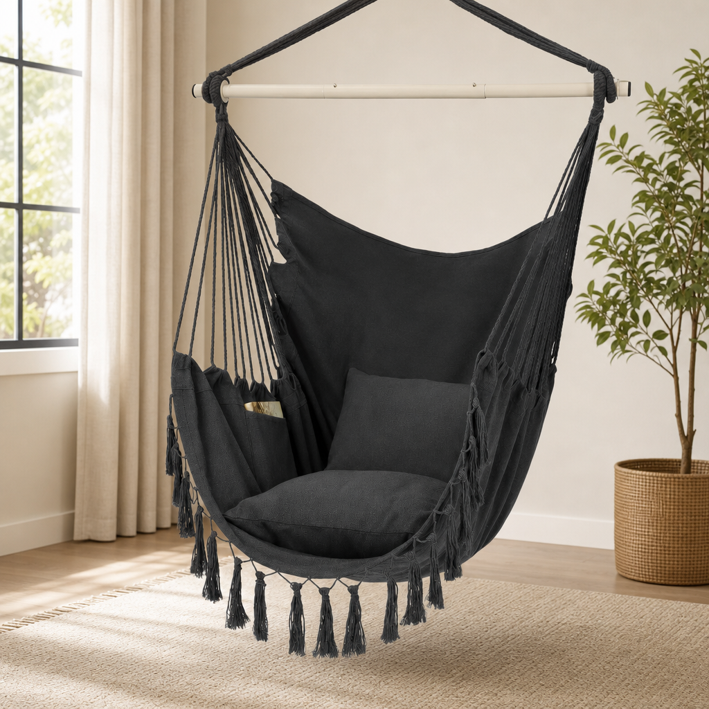 Hammock-Style Hanging Chair with Spreader Bar, Side Pocket & Pillow — 500 lb Capac centered in a warm neutral furnished room