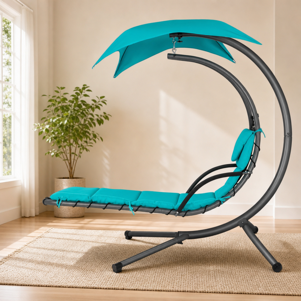 Hanging Chaise Lounge Swing with Removable Canopy, Powder-Coated Steel, 73 in centered in a warm neutral furnished room