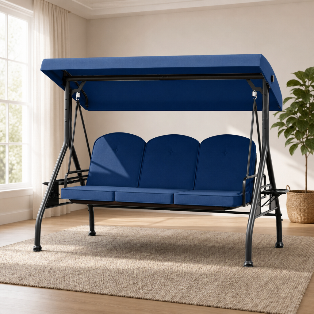 3-Seat Patio Swing with Adjustable Canopy — 2-in-1 Convertible Swing Bed with Cush centered in a warm neutral furnished room