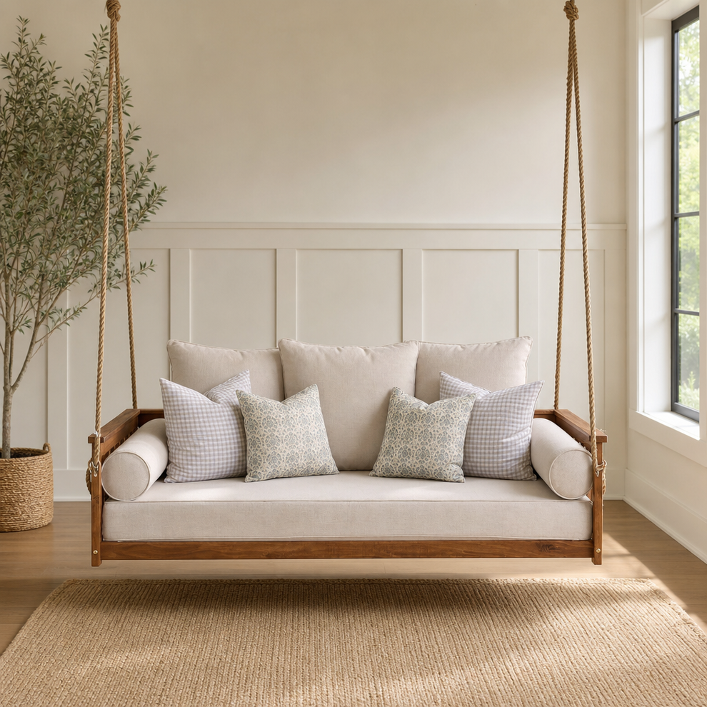 Acacia Daybed Porch Swing with Weather-Resistant Rope Kit — Crib or Twin centered in a warm neutral furnished room