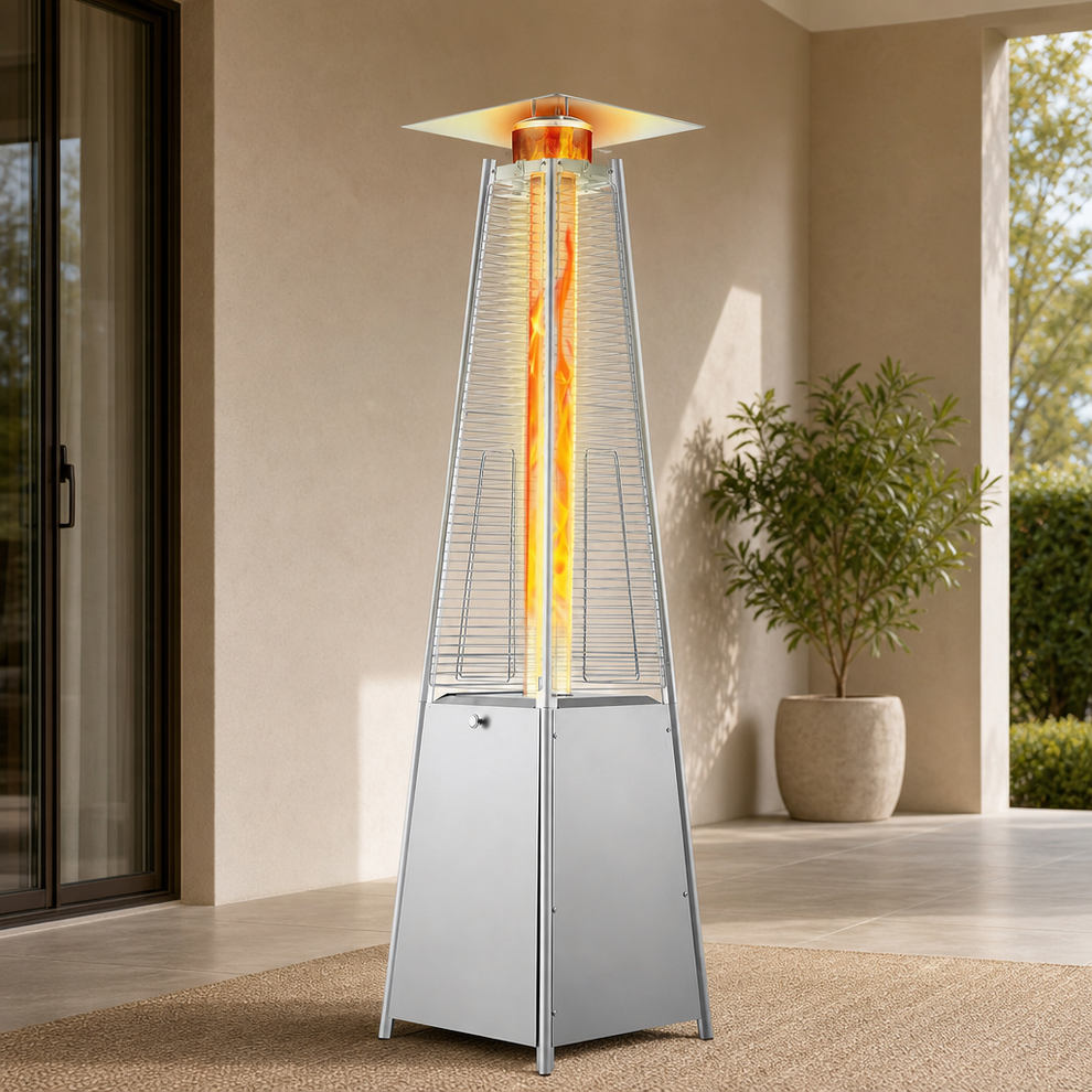 Pyramid Propane Patio Heater 48,000 BTU with Quartz Flame Tube, 304 Stainless Stee centered in a warm neutral furnished room