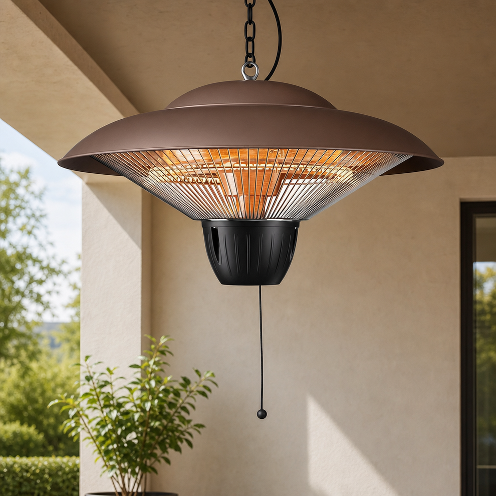 1500W Carbon-Fiber Infrared Hanging Patio Heater, Brown or Deepblack centered in a warm neutral furnished room