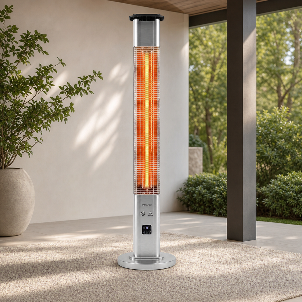 Infrared Patio Heater — Plug-In, IP65-Rated, Remote-Controlled (Multiple Sizes) centered in a warm neutral furnished room