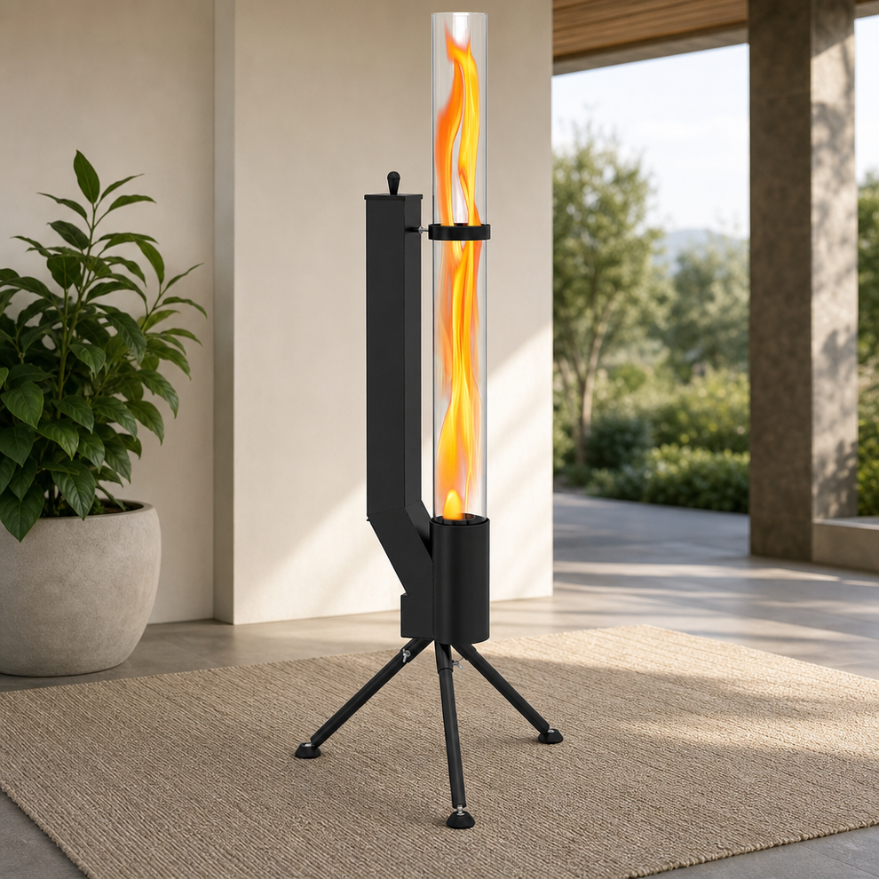 58 in Wood Pellet Patio Heater with 360° Glass Flame Tube, Black centered in a warm neutral furnished room