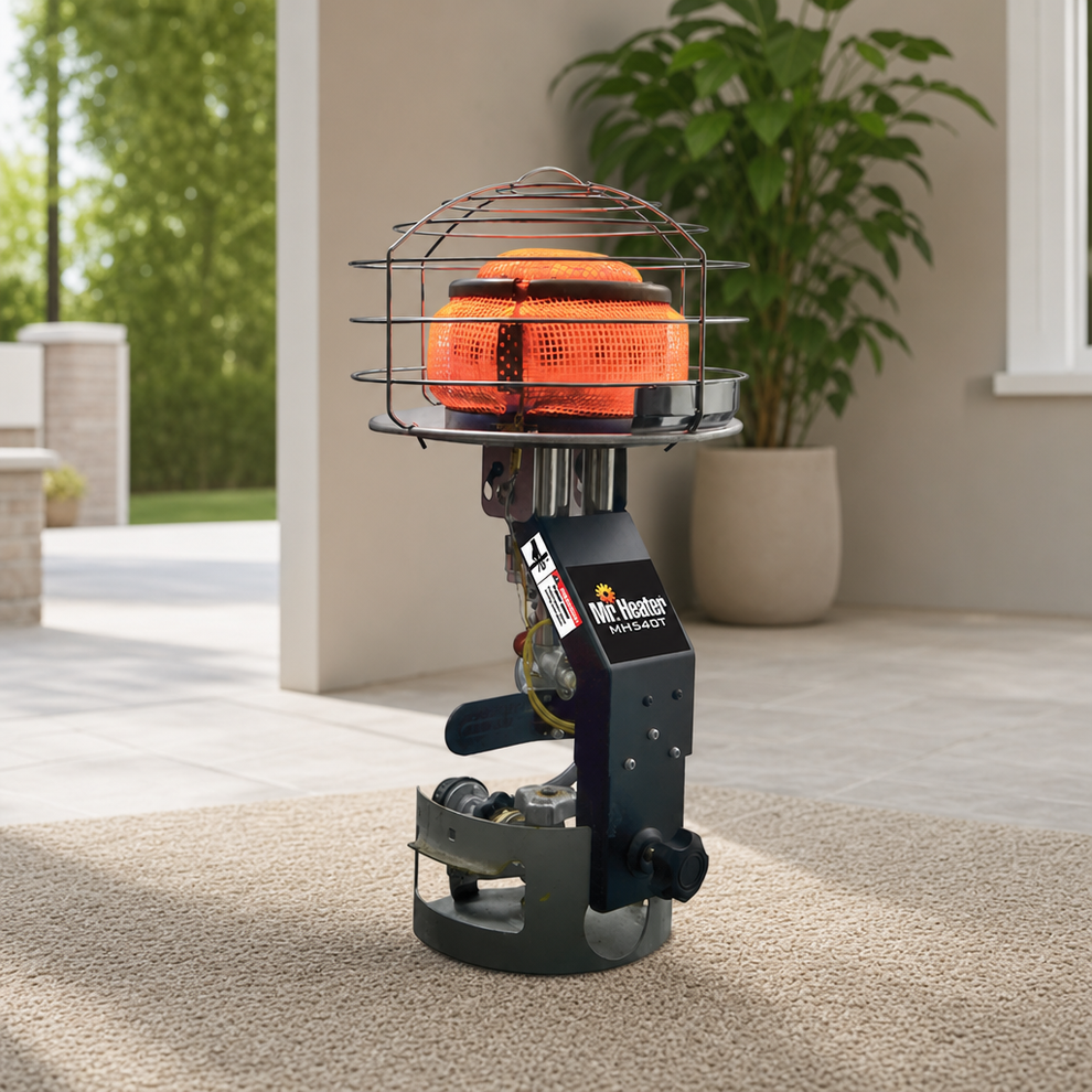 Tank-Top Radiant Propane Heater, 30,000–45,000 BTU, Portable centered in a warm neutral furnished room