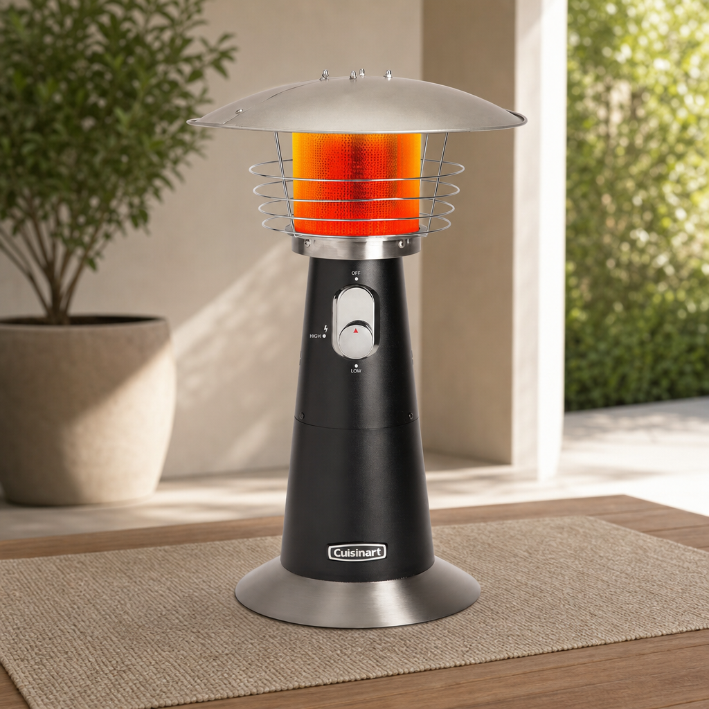 Tabletop Propane Patio Heater — 11,000 BTU, Anti-Tilt centered in a warm neutral furnished room