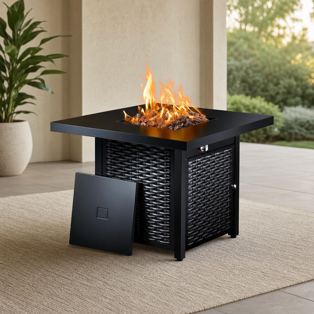 Propane Fire Pit Table — 50,000 BTU, Lava Rocks, Black, Multiple Sizes centered in a warm neutral furnished room