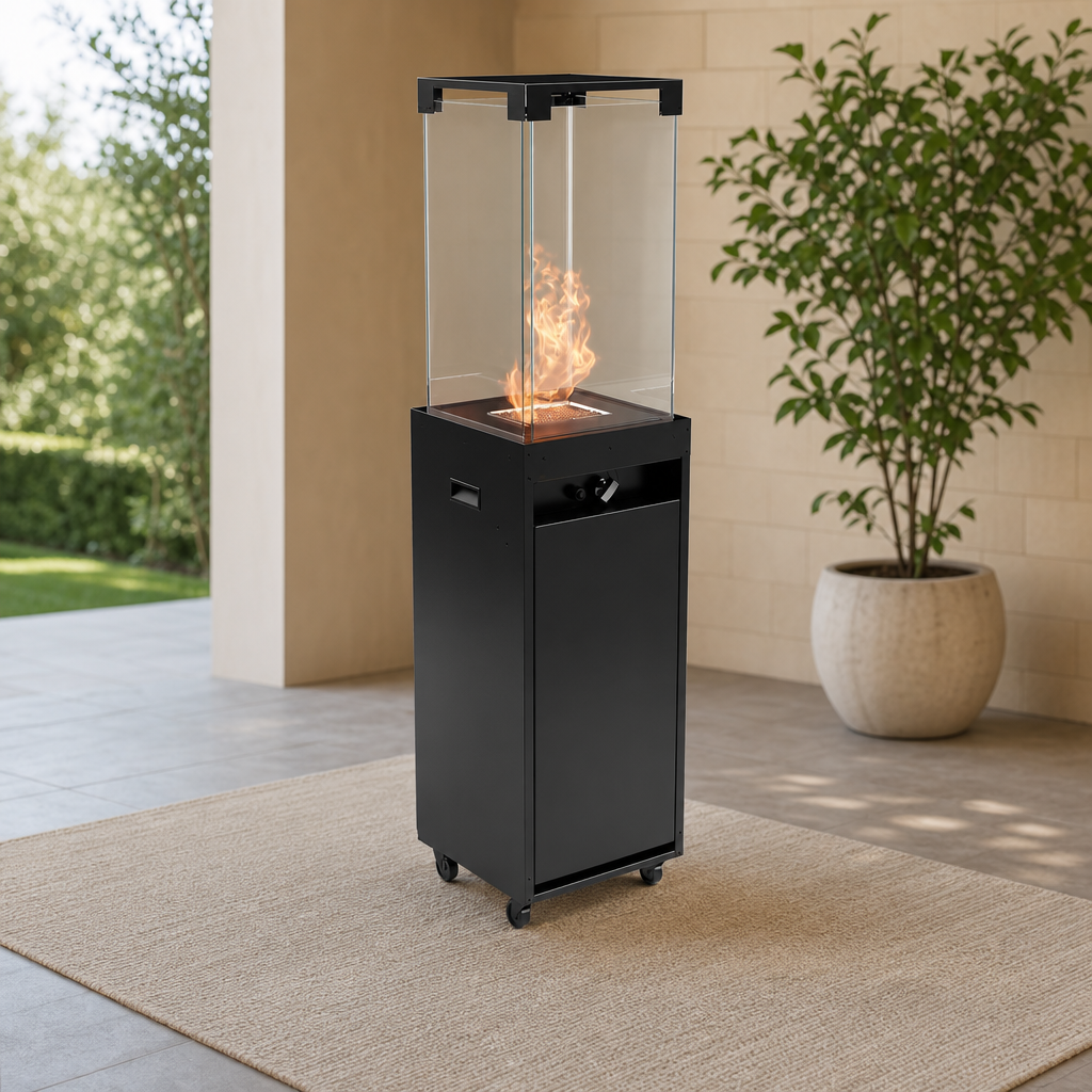 41,000 BTU Propane Patio Heater with Glass Shields, Wheels & Regulator centered in a warm neutral furnished room