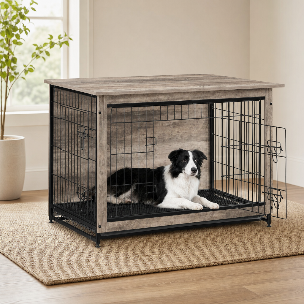 Dog Crate Furniture-Style Particleboard & Steel, Double-Door, Multiple Sizes centered in a warm neutral furnished room