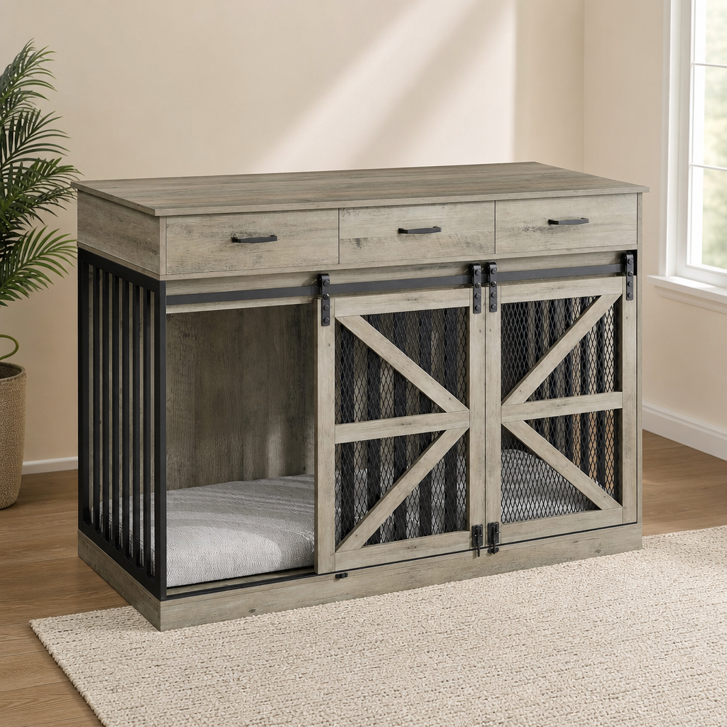 Dog Crate Console Table with 3 Drawers, Sliding Barn Door & Removable Divider centered in a warm neutral furnished room