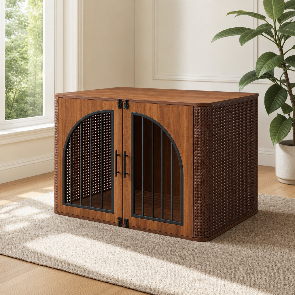 Furniture-Style Dog Crate 39.37in Engineered Wood Frame with Metal Bars centered in a warm neutral furnished room