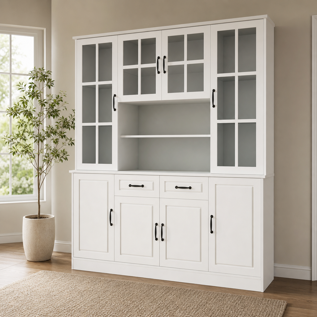 China Hutch with Tempered Glass Doors, 2 Drawers & Adjustable Shelves, White — 63  centered in a warm neutral furnished room