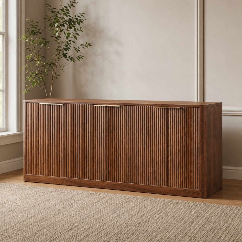 Fluted 6-Door Sideboard Cabinet — Engineered Wood, 67" or 94", Multiple Finishes centered in a warm neutral furnished room