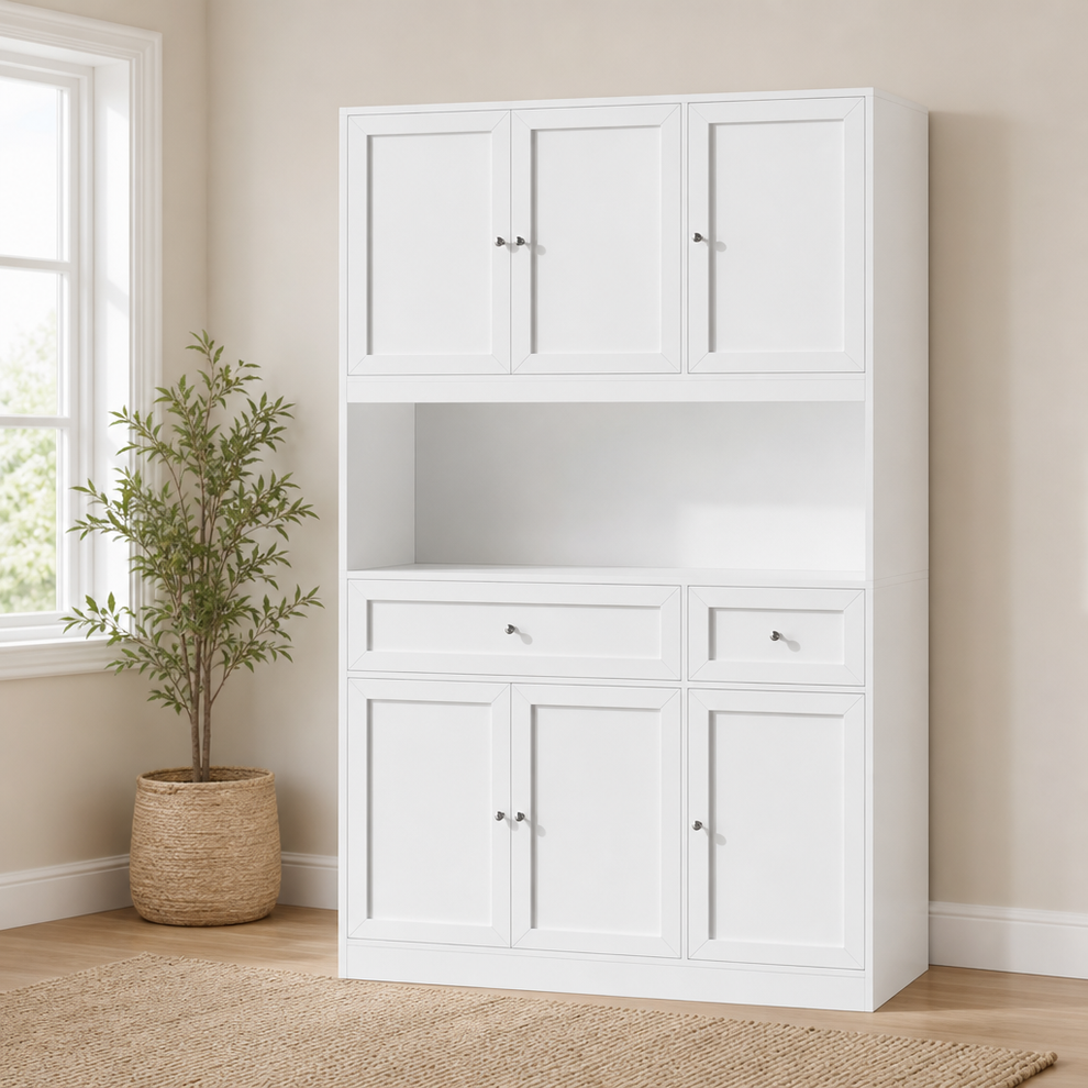 72" Kitchen Pantry Hutch with 47" Open Microwave Countertop and 2 Drawers centered in a warm neutral furnished room