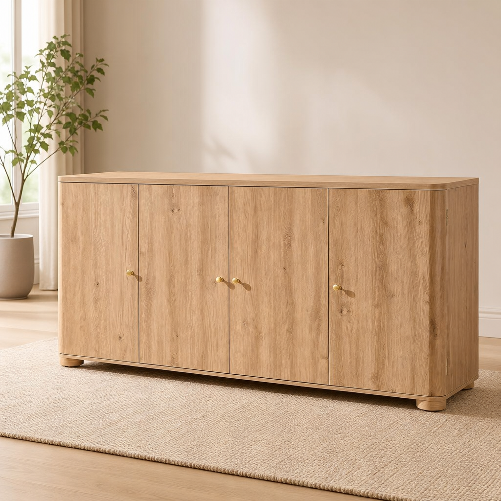 66" Sideboard with 4 Doors, 6 Adjustable Shelves and Waterproof Scratch-Resistant  centered in a warm neutral furnished room