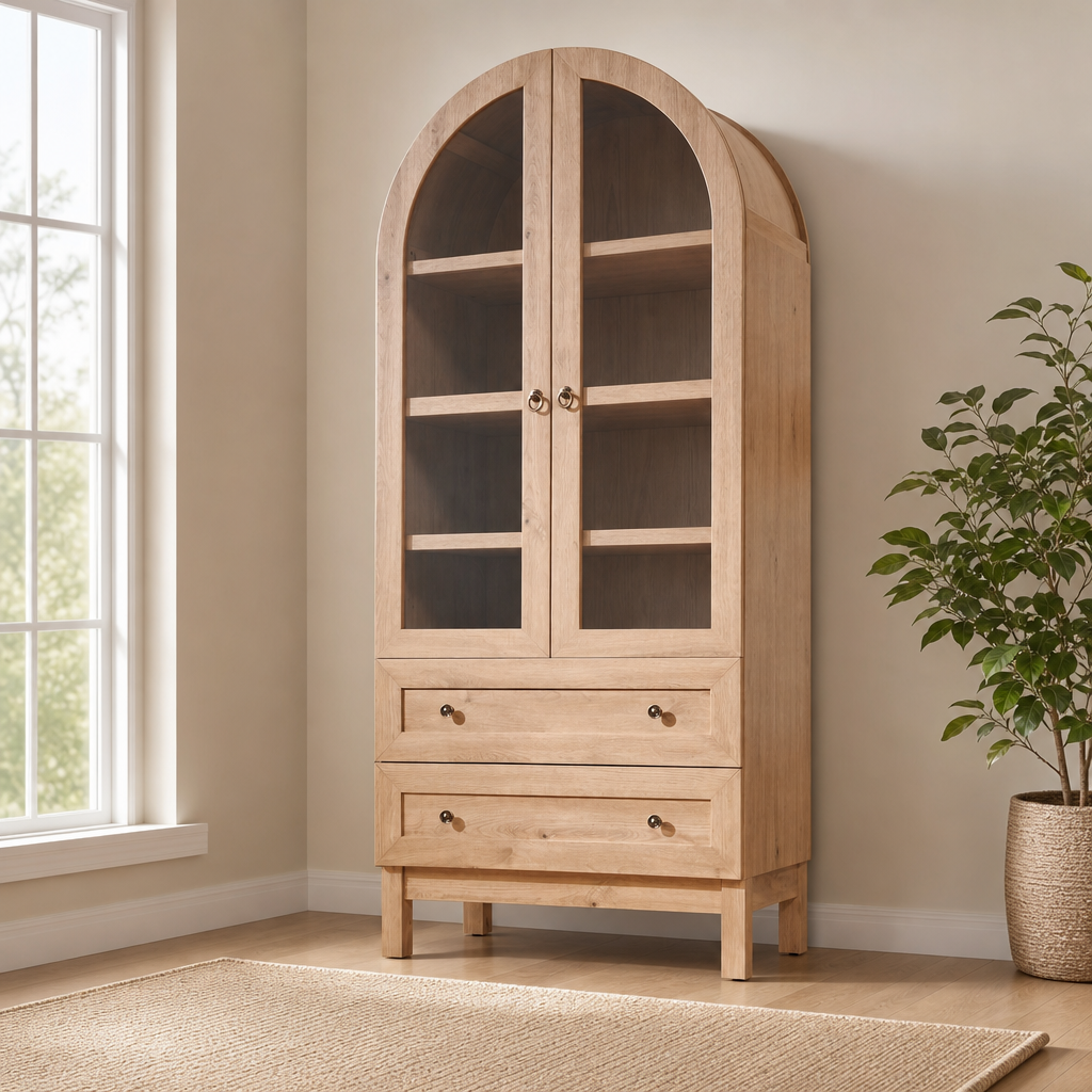 71" Arched Pantry Cabinet with Glass Doors, 2 Drawers & Engineered Wood Legs centered in a warm neutral furnished room