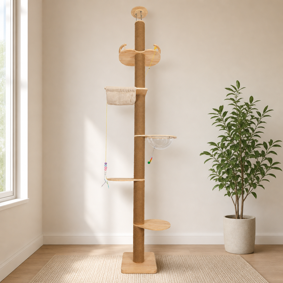 Adjustable Floor-to-Ceiling Cat Tree — 5-Tier or 4-Tier, Sisal Posts & Hammock centered in a warm neutral furnished room