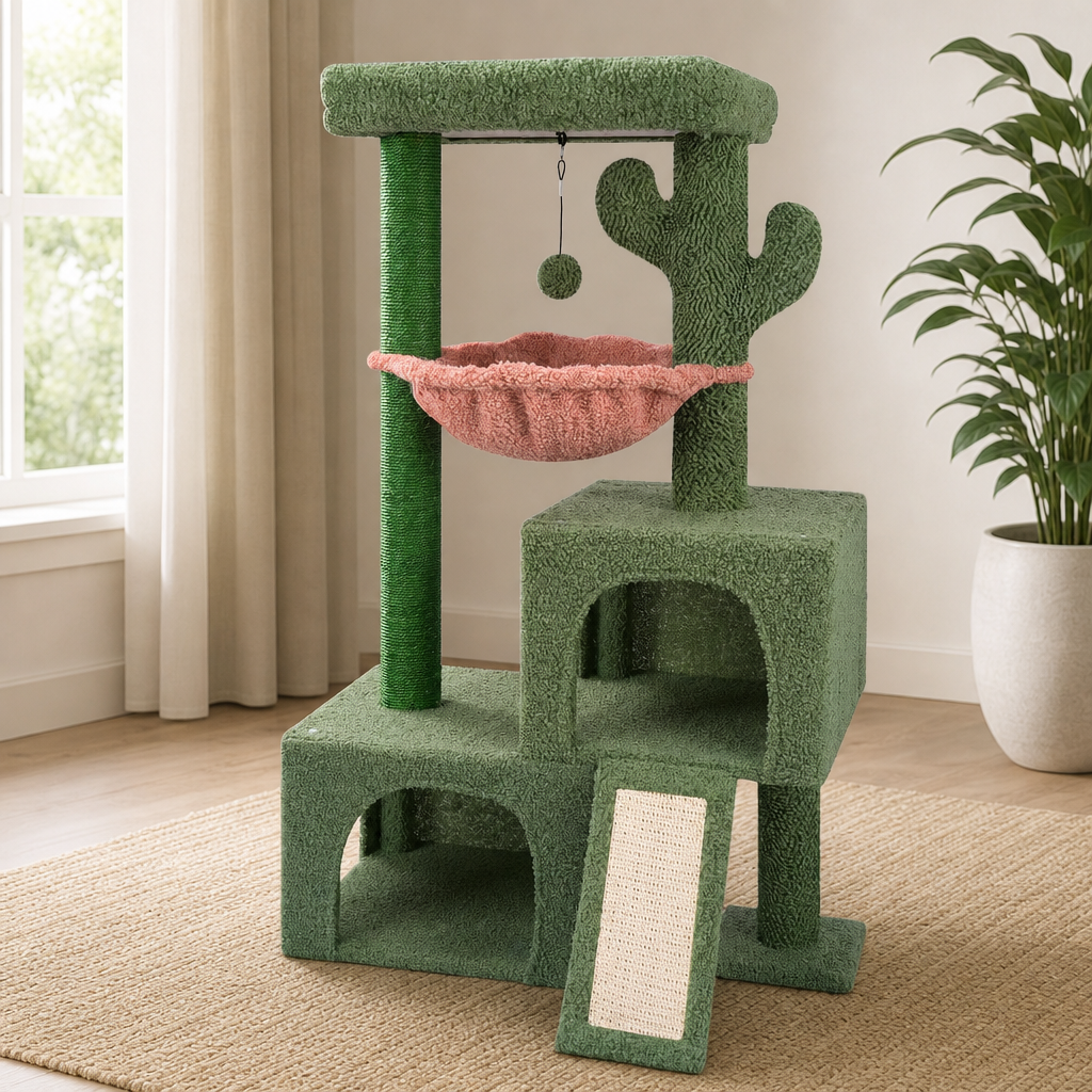 Cat Tree Tower with Twin Condos, Perch, Round Hammock & Sisal Posts centered in a warm neutral furnished room