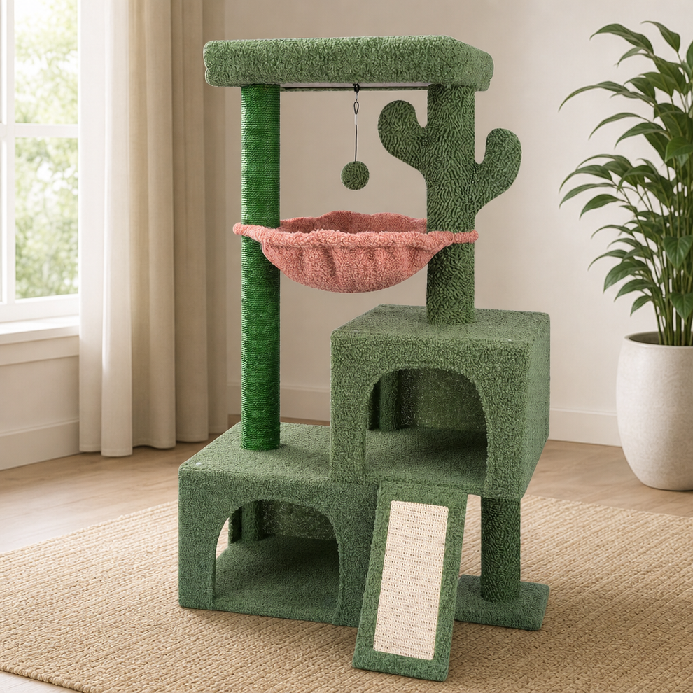 Cat Tree Tower with Twin Condos, Perch, Round Hammock & Sisal Posts centered in a warm neutral furnished room