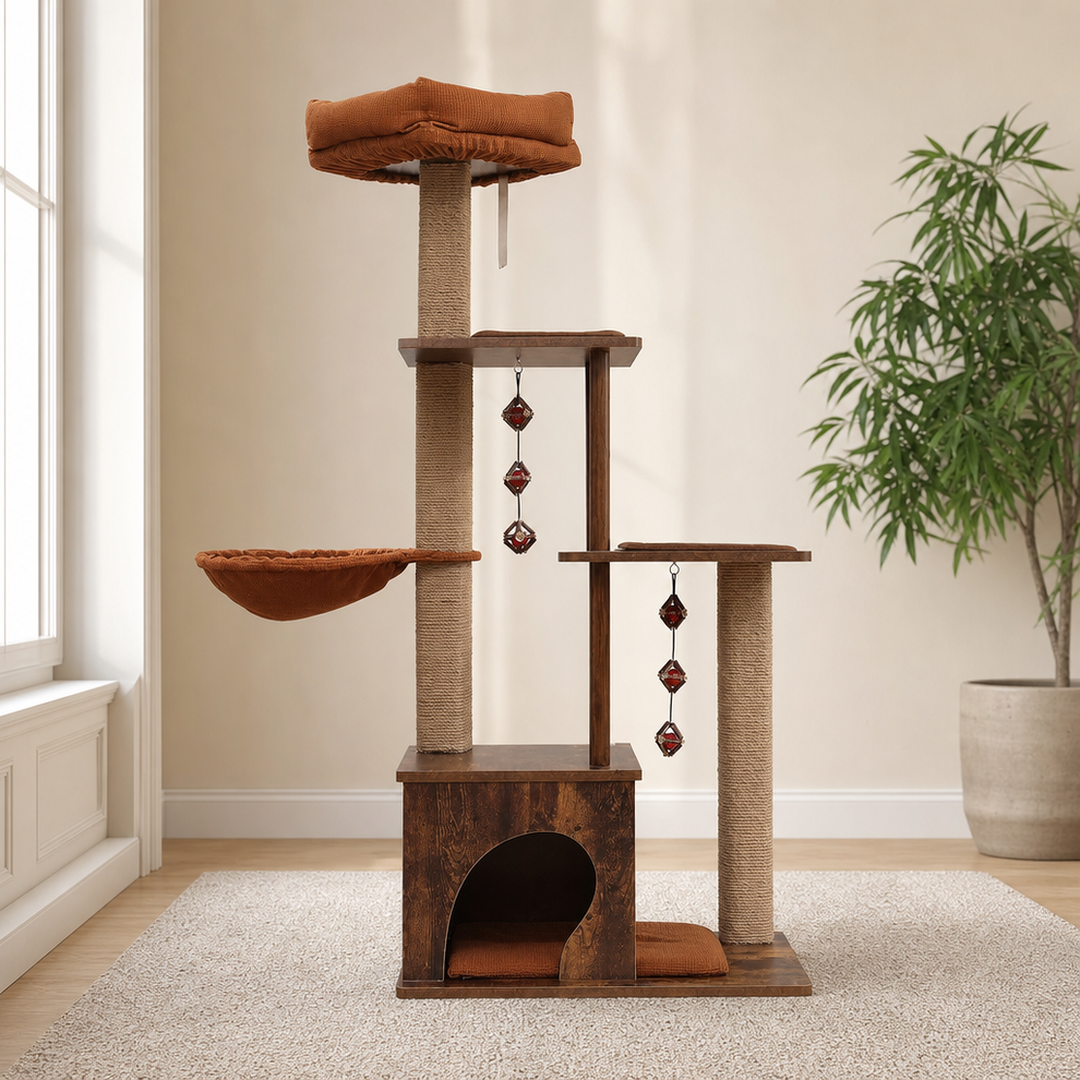 4-Tier Cat Tree with Semi-Enclosed Condo & Jute Scratching Posts, Brown centered in a warm neutral furnished room