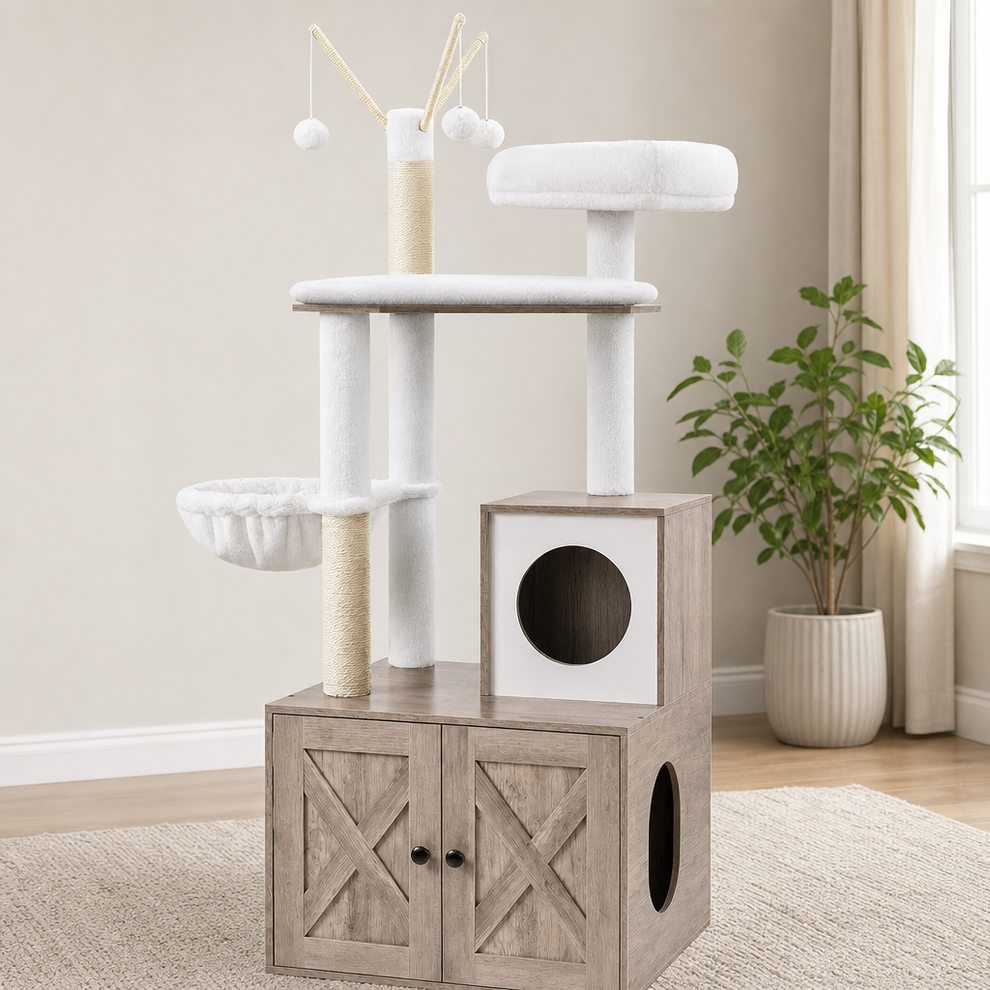 2-in-1 Cat Condo & Litter Box Enclosure, 59-Inch centered in a warm neutral furnished room