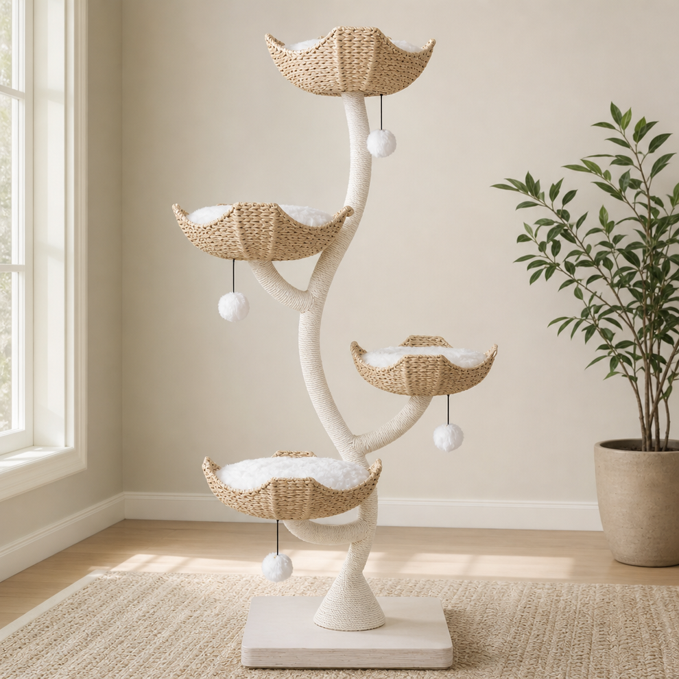 73" Cat Tree Tower with Hand-Woven Baskets and Rope-Wrapped Frame centered in a warm neutral furnished room