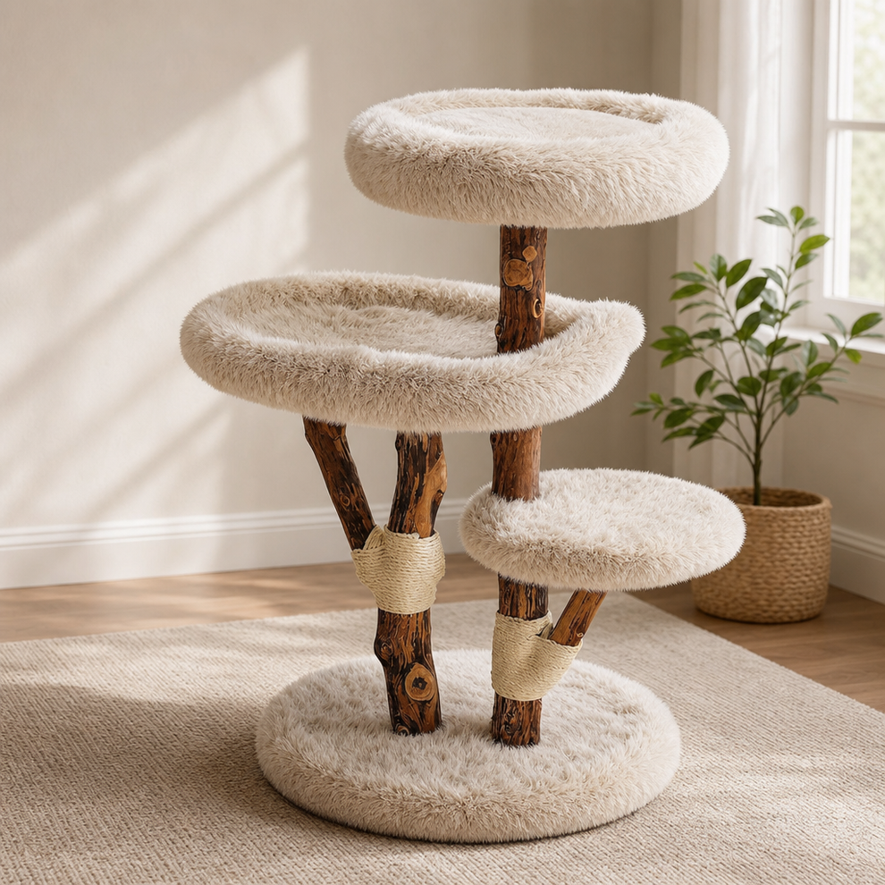 Cat Tree 44 in with Solid Wood Posts & Removable Cushions centered in a warm neutral furnished room