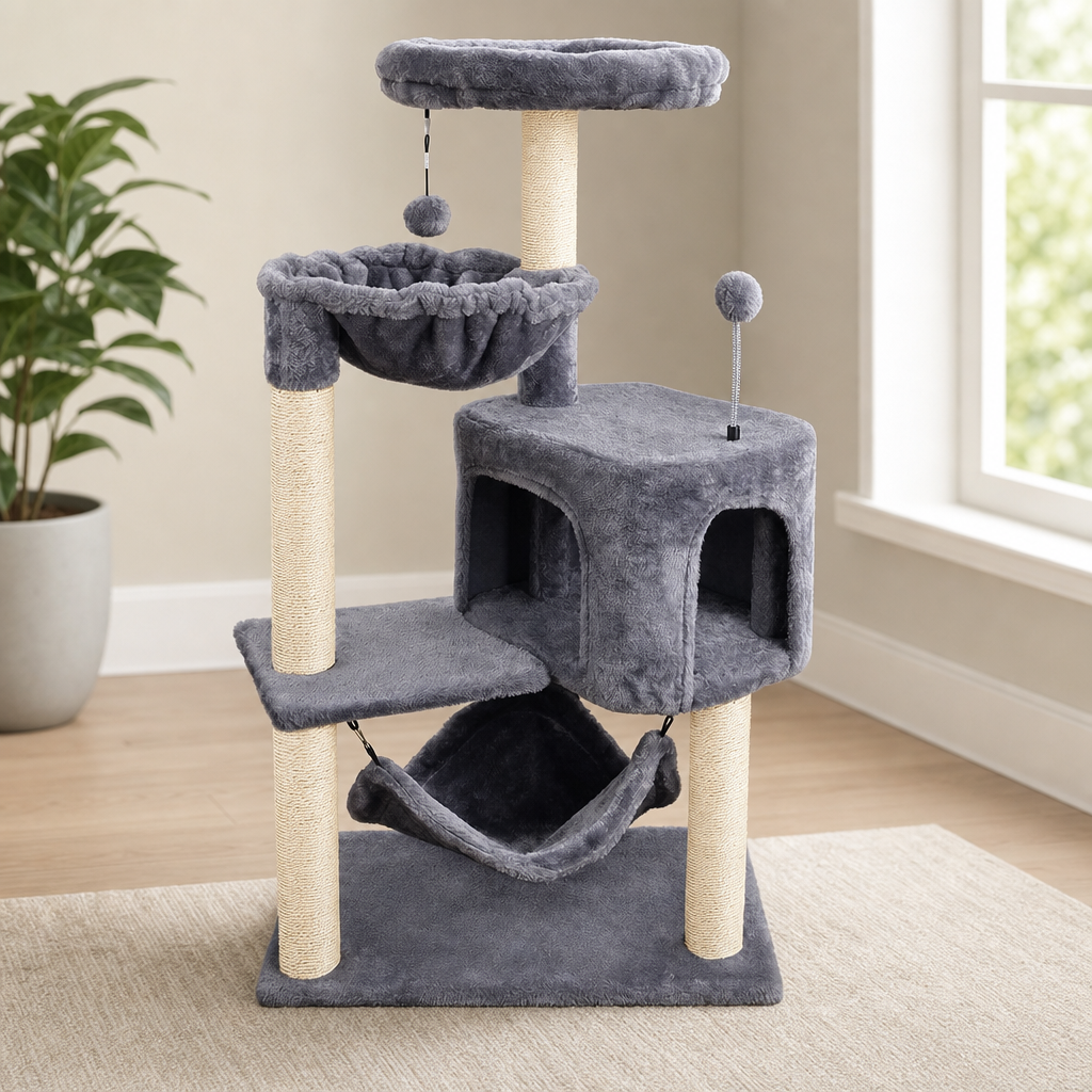 Cat Tree with Enclosed Condo, Removable Hammock & Sisal Posts — 39.4 in centered in a warm neutral furnished room