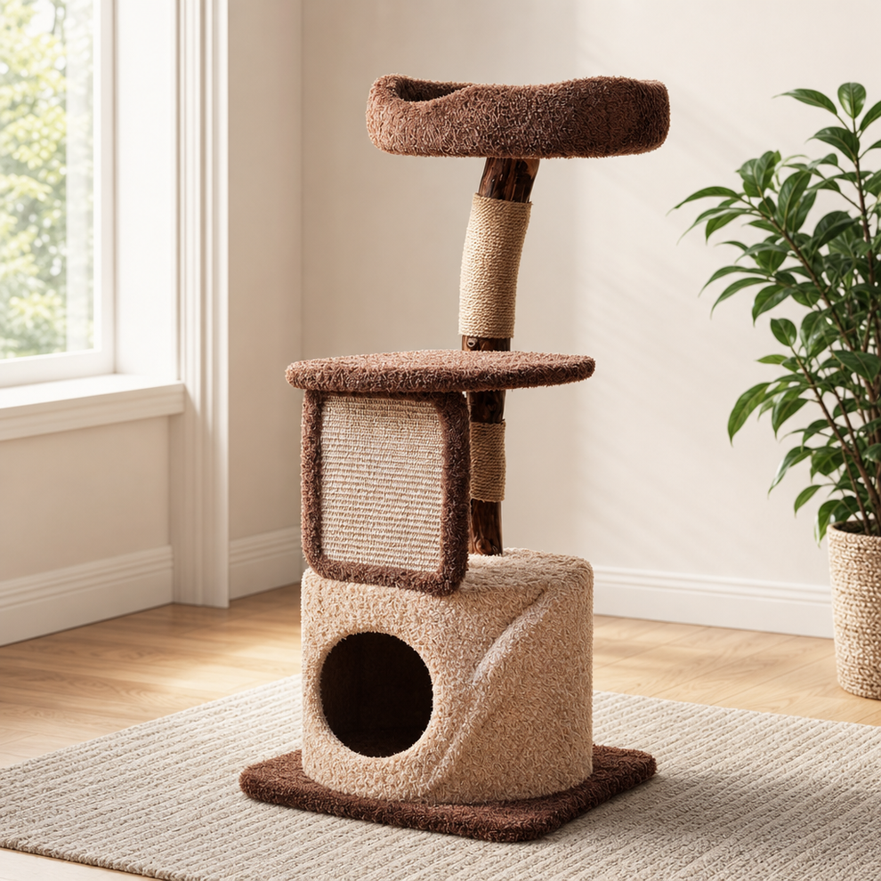 Cat Tree with Sisal Scratching Posts & Hideaway Condo, Brown — 40" or 68" centered in a warm neutral furnished room