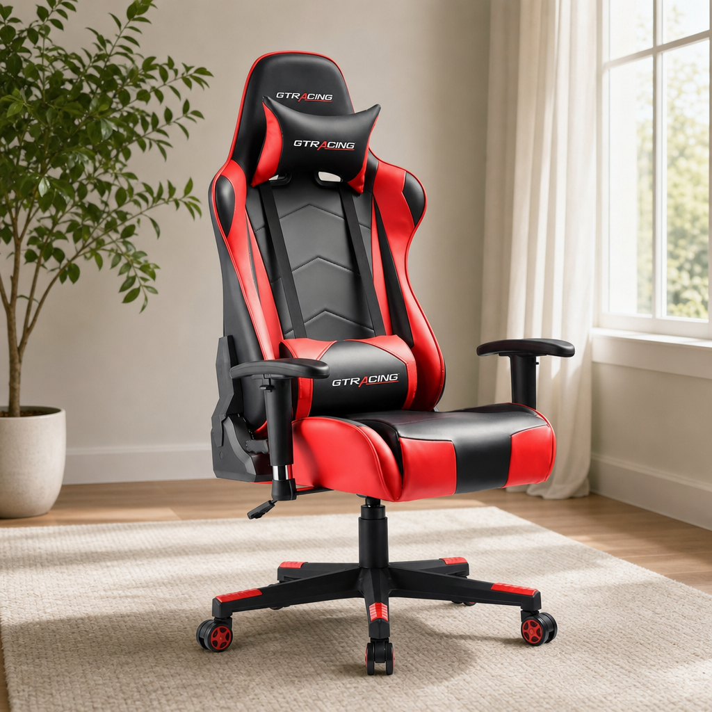 Ergonomic Racing-Style Gaming Chair — PU Leather, 90°–155° Recline, Headrest & Lum centered in a warm neutral furnished room