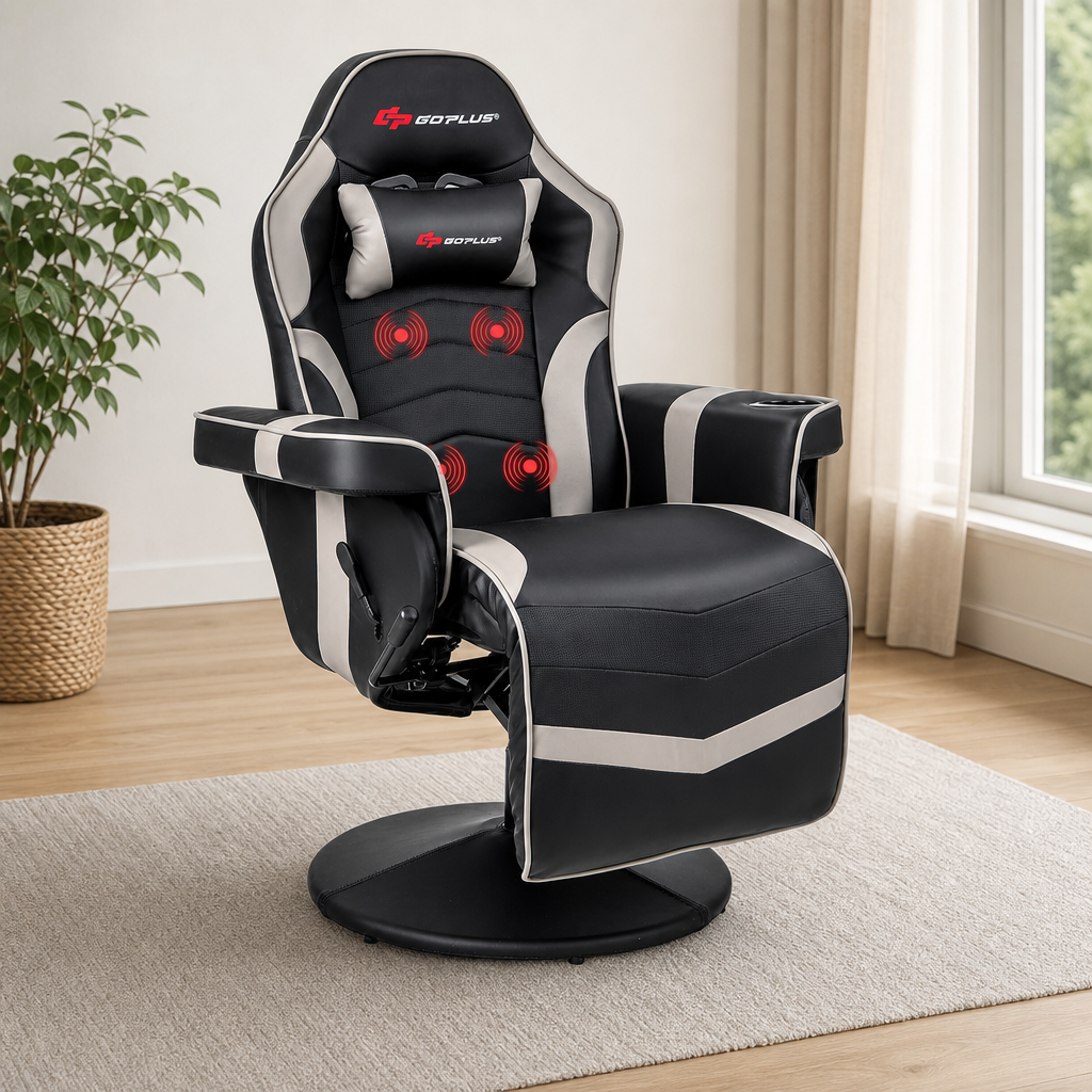 Massage Gaming Chair — PU Leather Recliner with Retractable Footrest & Cup Holder centered in a warm neutral furnished room