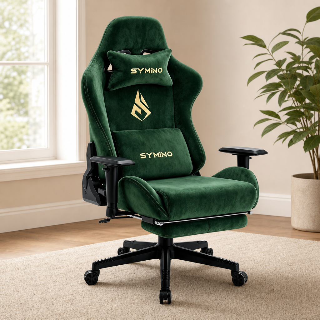 High-Back Gaming Chair — Faux Suede, 2D Armrests, Adjustable Headrest & Hidden Foo centered in a warm neutral furnished room