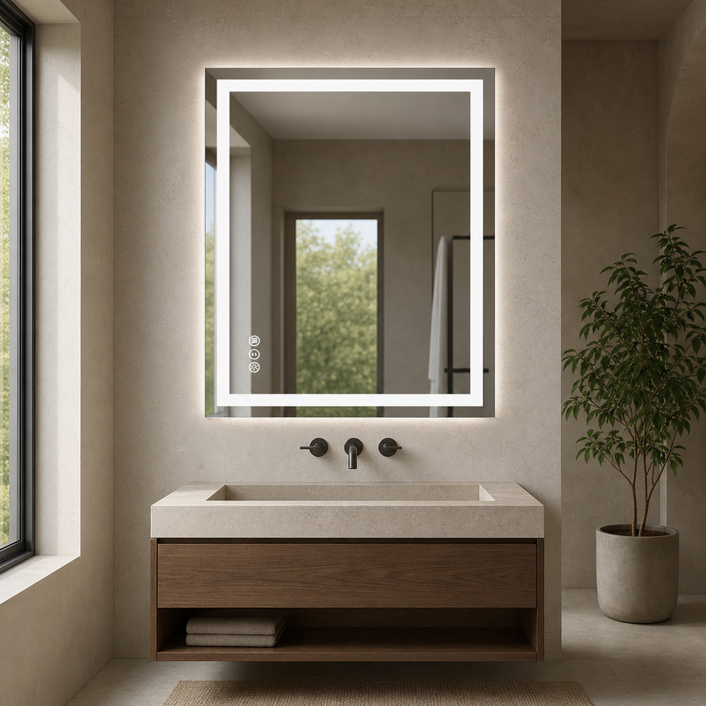 LED Bathroom Mirror 30 x 24 in — Front & Backlit, Dimmable, Anti-Fog centered in a warm neutral furnished room