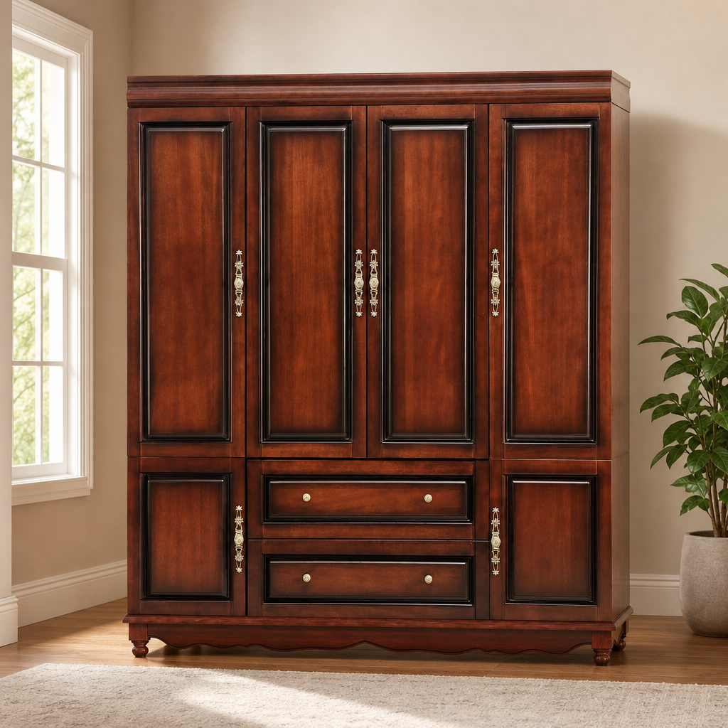 Solid Wood 4-Door Wardrobe Armoire, Cherry Finish with Hanging Rods, Shelves & 2 D centered in a warm neutral furnished room