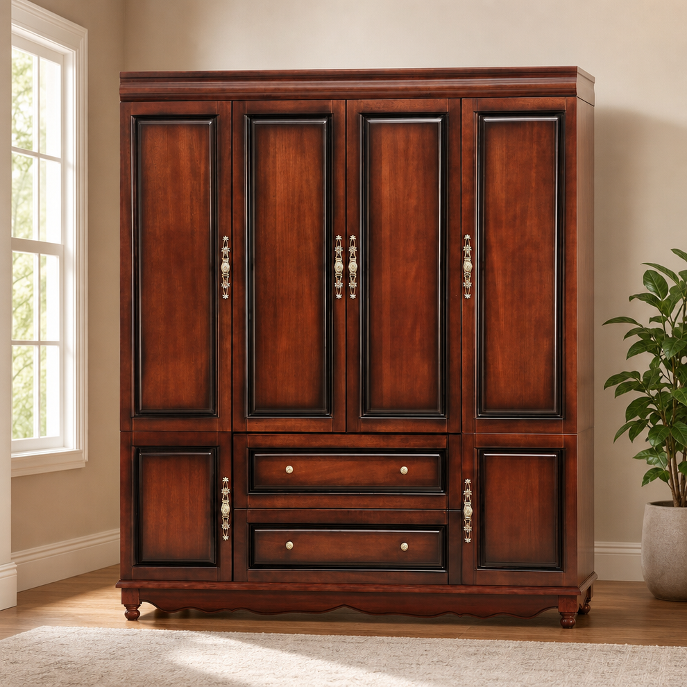 Solid Wood 4-Door Wardrobe Armoire, Cherry Finish with Hanging Rods, Shelves & 2 D centered in a warm neutral furnished room