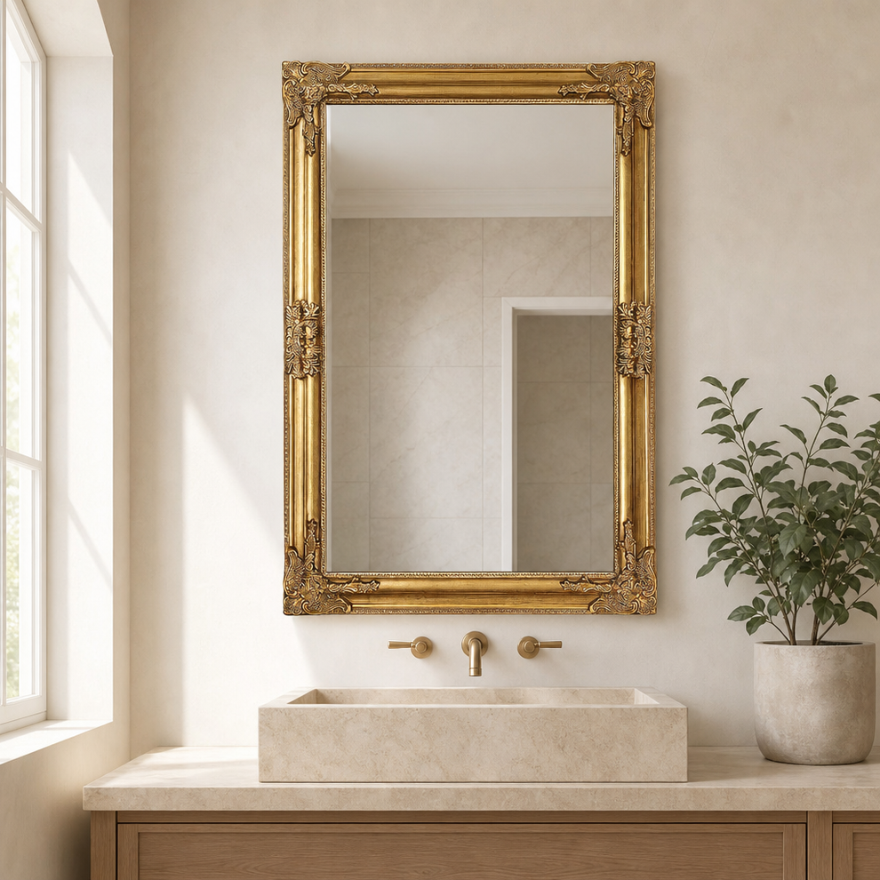 Antique Gold Baroque Rectangular Wall Mirror — Ornate Carved Frame, Multiple Sizes centered in a warm neutral furnished room