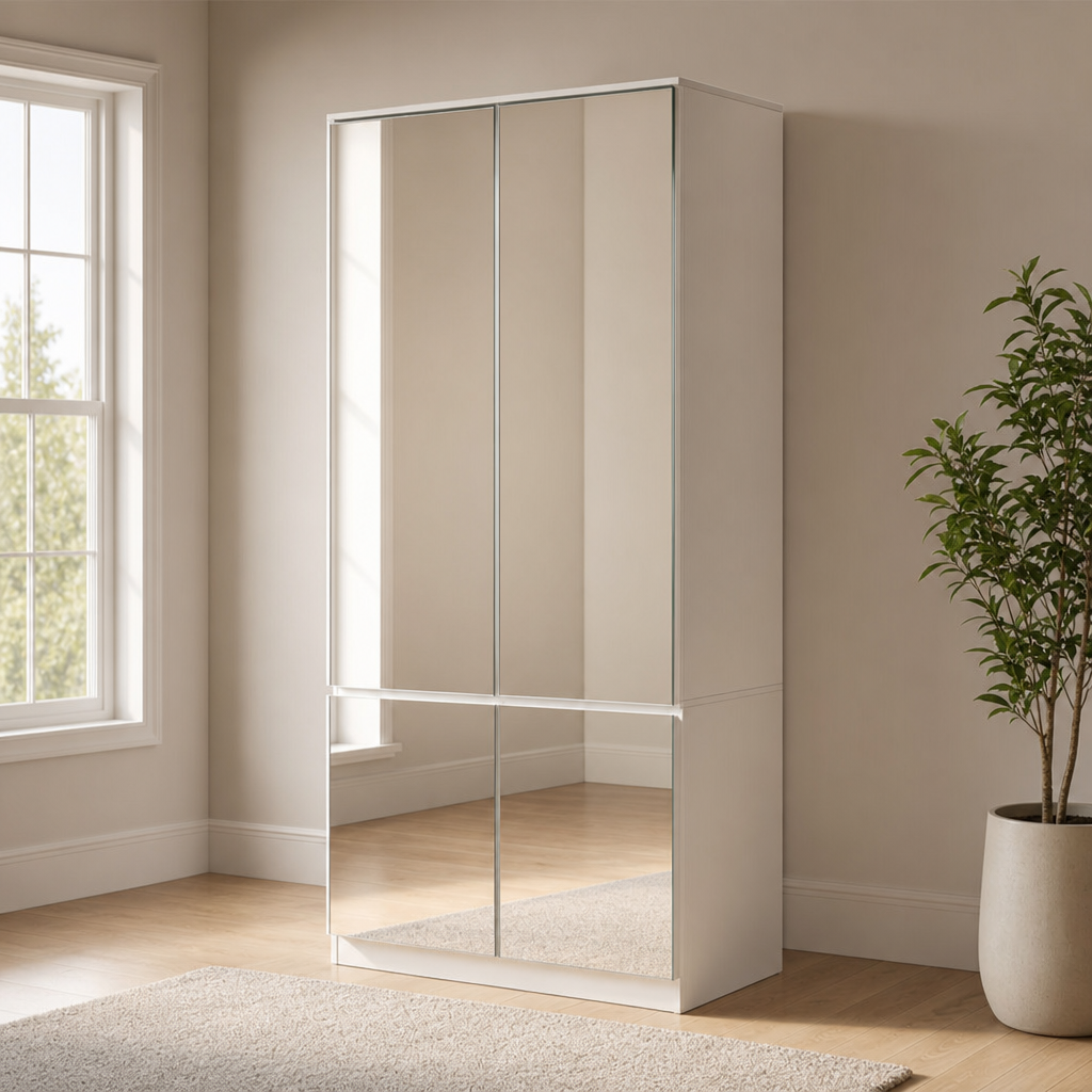 Wardrobe with Mirror Doors, 31.5" W x 19.7" D x 70.9" H, White MDF & Tempered Glas centered in a warm neutral furnished room