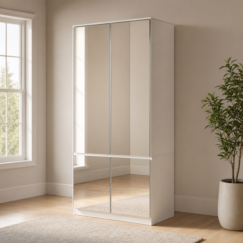 Wardrobe with Mirror Doors, 31.5" W x 19.7" D x 70.9" H, White MDF & Tempered Glas centered in a warm neutral furnished room