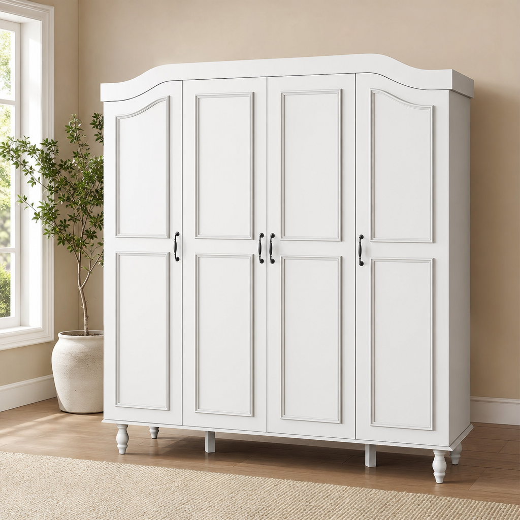 Arched 4-Door Engineered Wood Armoire Wardrobe with 2 Hanging Rods & 8 Shelves, 63 centered in a warm neutral furnished room