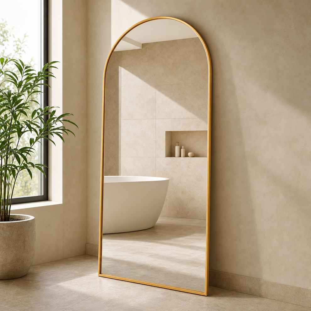 Arched Full-Length Mirror - Aluminum Frame, Freestanding/Wall-Mount/Leaning (Multi centered in a warm neutral furnished room