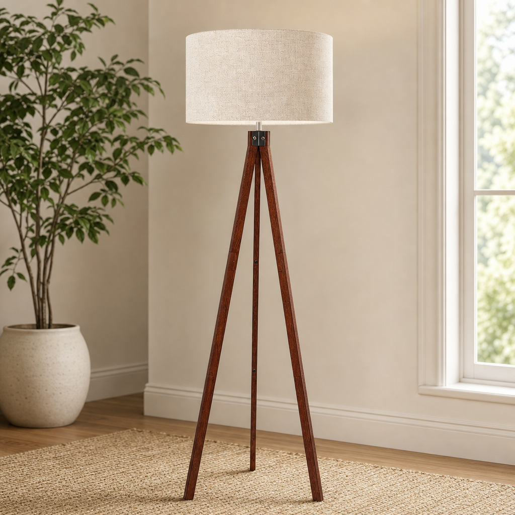 Tripod Floor Lamp — Rubberwood Base, Rounded Linen Shade, Foot Switch centered in a warm neutral furnished room